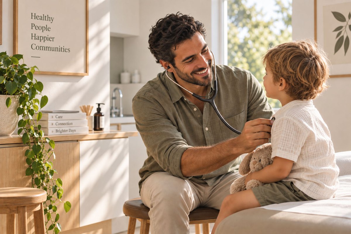 Illustrative stock consultation scene with a stethoscope and a child