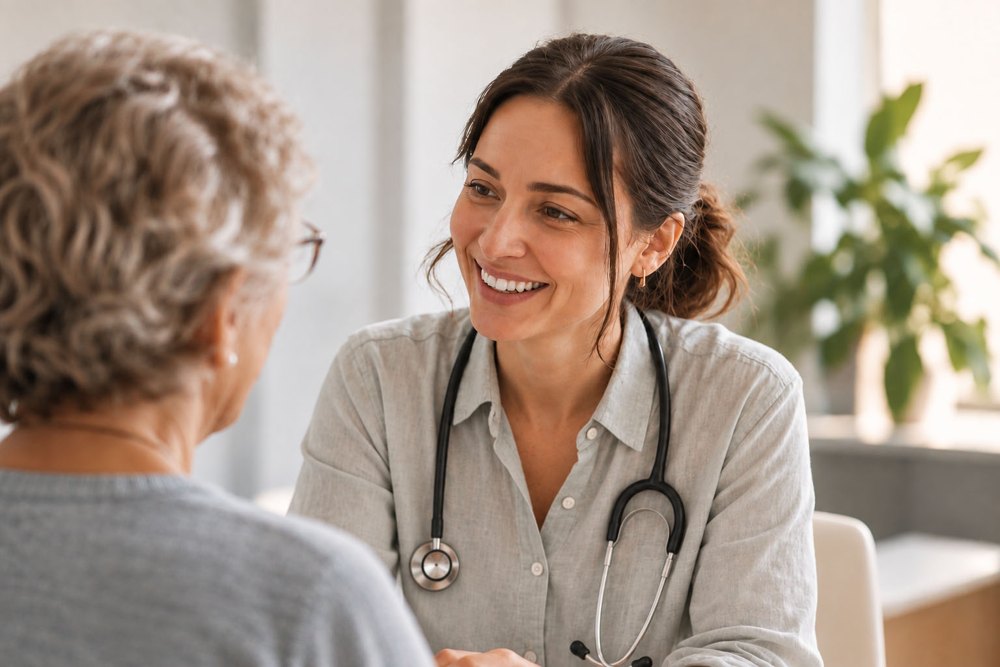 Illustrative stock consultation scene with an older adult